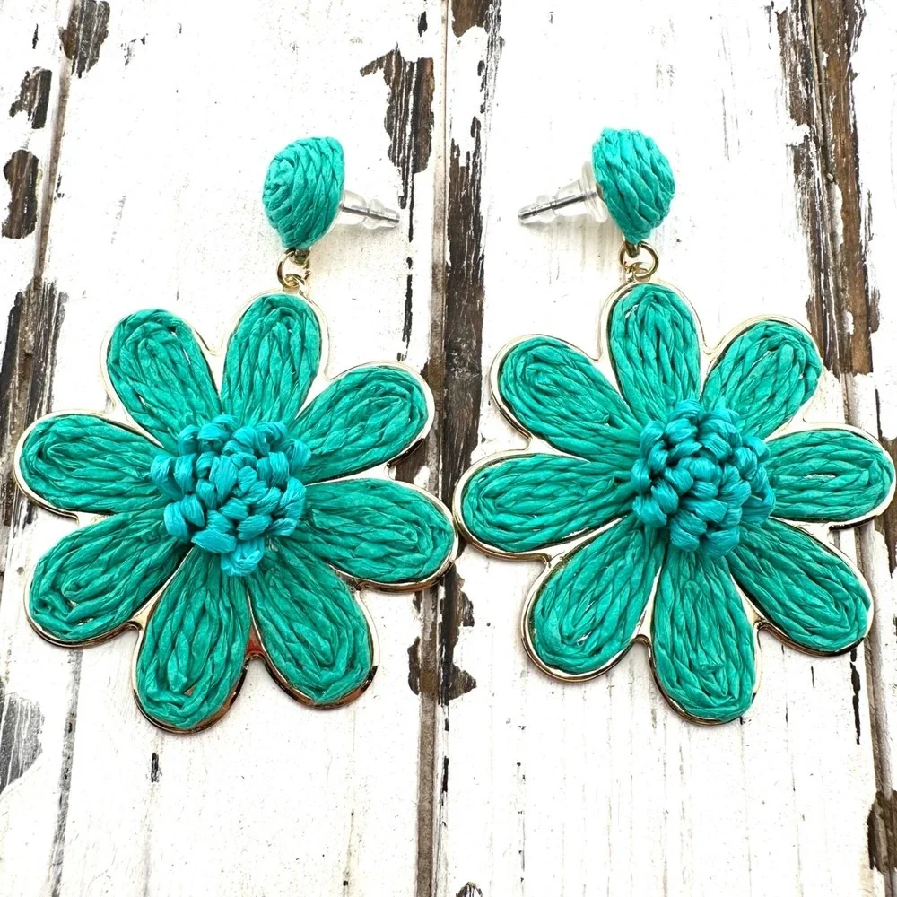 Raffia Woven Flower‎ Earrings Turquoise Blue NEW